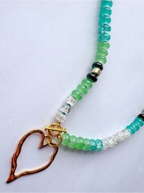 Gold Heart Pendant Beaded Necklace in Green & Teal